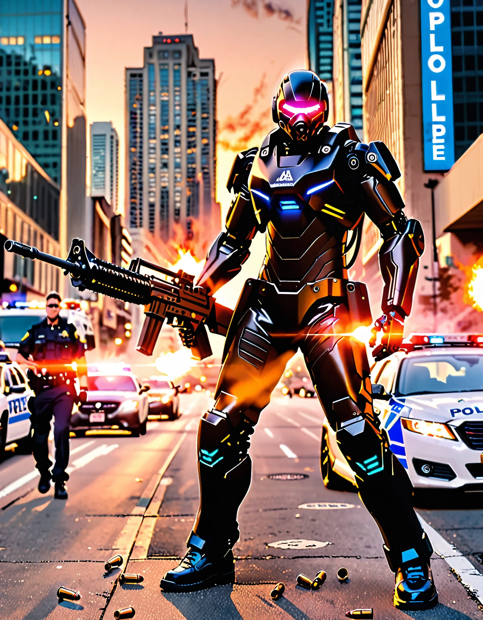 (masterpiece), (best quality), (hires), 1boy, male focus, solo focus, mature adult, age 30, canadian police officer, cyborg, muscular, (jet black cybernetic battle suit, (glowing blue circle on chest)), (black hair, dark purple eyes), (in front of a police car riddled with bullets), toronto city street backdrop, cowboy shot, sunset, excited look, ready for battle, front view, ((robot right arm, using machine gun with one hand, muzzle flash, shell casings originating from machine gun)), full body with costume.