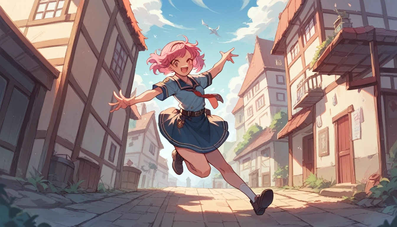 Anime girl in uniform,Long Pink Hair,In town,smile,Strike a Pose