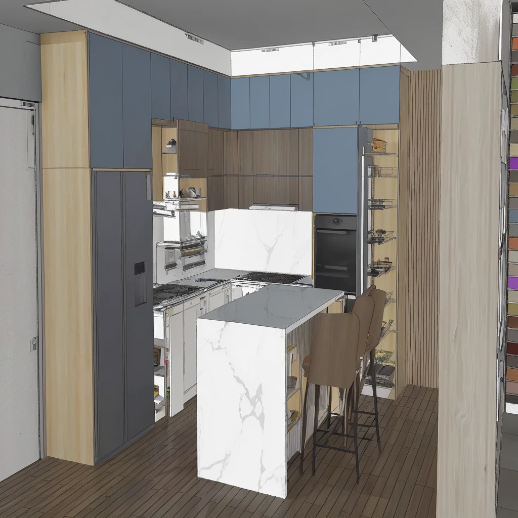 a rendering of&#39;a kitchen with a bar and a refrigerator, 3D rendering, 3D rendering, comprehensive 2D rendering, 3D rendering détaillé et net, orthographic 3D rendering, 3D rendering très détaillé, 3D rendering très détaillé, Detailed rendering, 3D rendering très détaillé, 3/4 realistic views, 3D renderings, Detailed renderings, 2D rendering