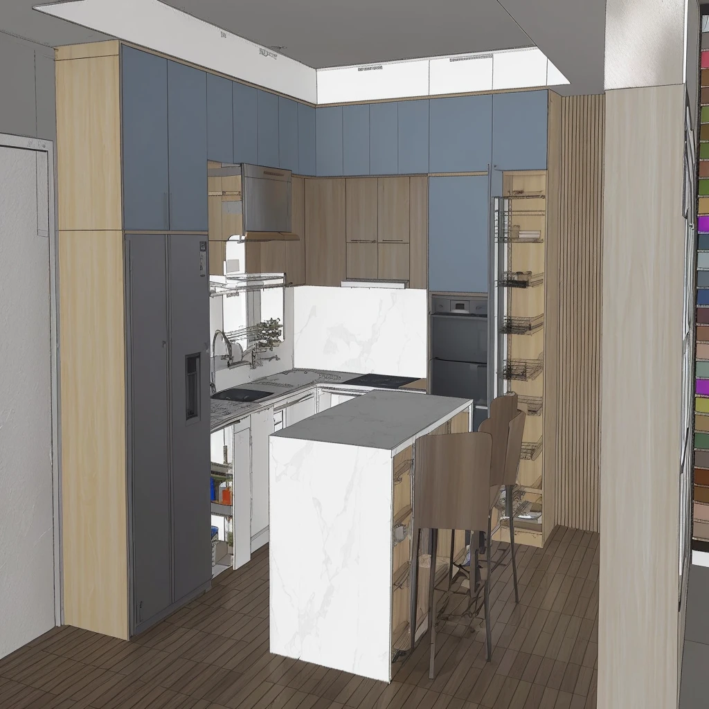 a rendering of&#39;a kitchen with a bar and a refrigerator, 3D rendering, 3D rendering, comprehensive 2D rendering, 3D rendering détaillé et net, orthographic 3D rendering, 3D rendering très détaillé, 3D rendering très détaillé, Detailed rendering, 3D rendering très détaillé, 3/4 realistic views, 3D renderings, Detailed renderings, 2D rendering