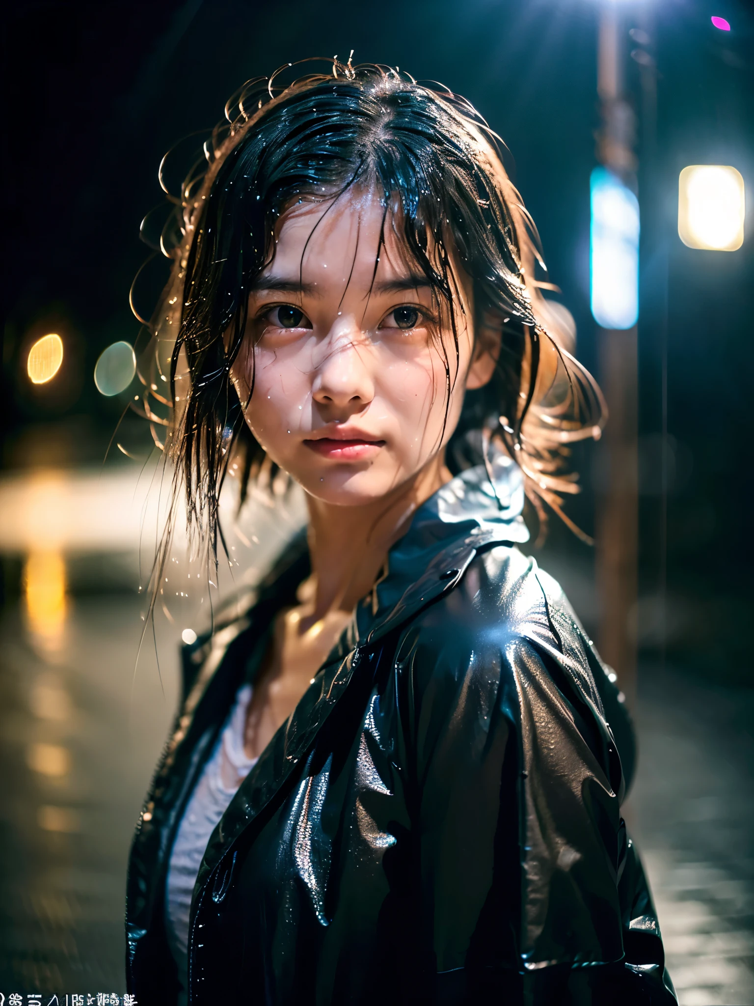 Wet roads ,drenched, Dripping, Wet Face,Wet clothes, Wet Skin, Wet Hair,A young woman with a cute face like a Japanese idol,chest,((Cinema lighting),(Natural light),(High level of artistry),(Artistic),(Quality indistinguishable from real life),RAW Photos,Genuine,Genuine,High resolution,RAW Photos,masterpiece, beautiful