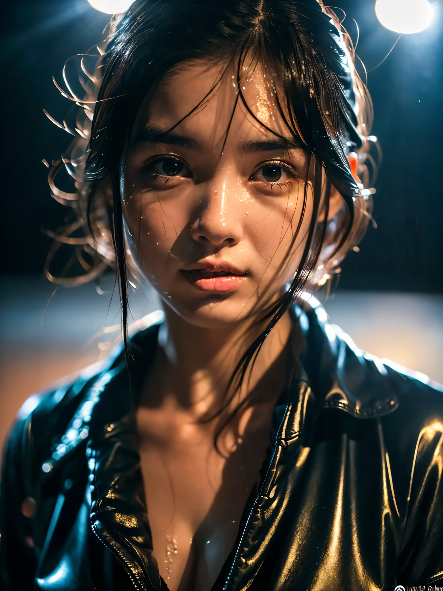 Wet roads ,drenched, Dripping, Wet Face,Wet clothes, Wet Skin, Wet Hair,A young woman with a cute face like an idol,chest,((Daytime)),(Cinema lighting),(Natural light),(High level of artistry),(Artistic),RAW Photos,Genuine,Genuine,High resolution,RAW Photos,masterpiece, beautiful