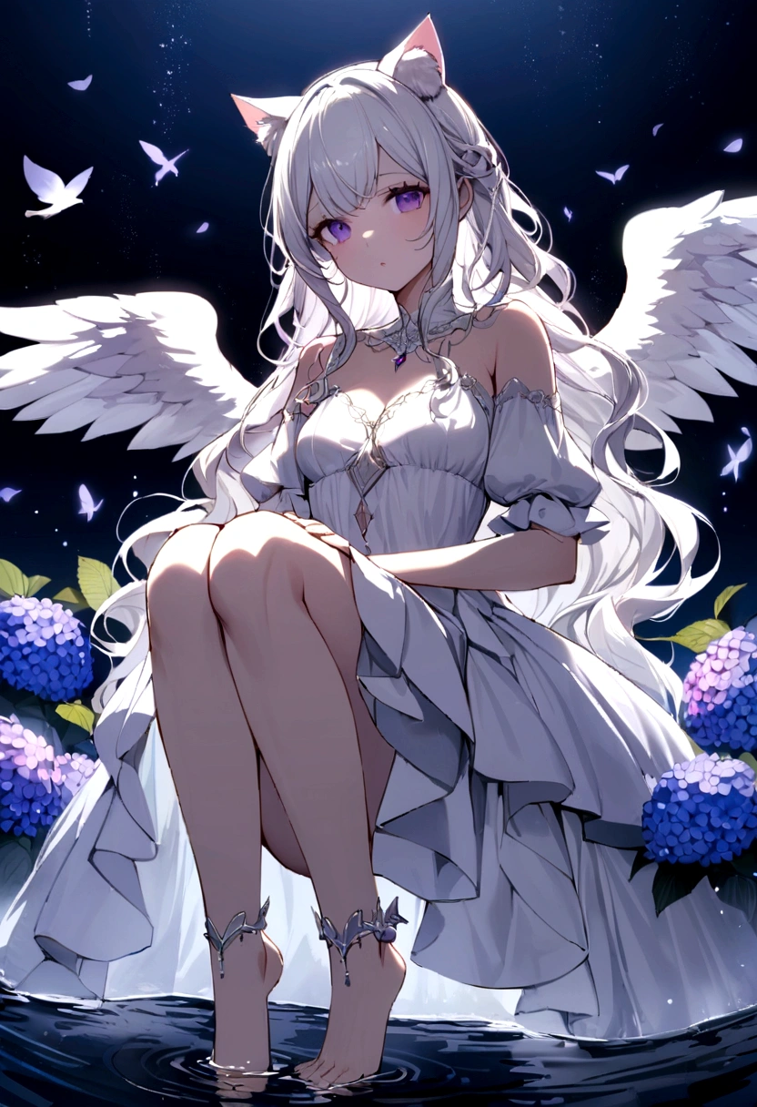 A delicate and elegant girl, Long wavy hair that reaches the knees,White hair is very attractive.., Detailed and precise manual work, Attractive girl, White cat ears, look at me, Purple eyes and white eyelashes,Her cheeks turned red,Big angel wings,On the water, A subject that stands out against the dark night sky,A lot of hydrangea, White Dress, Dramatic moonlight that makes your subject stand out, barefoot,Ankle decoration,Flying softly。