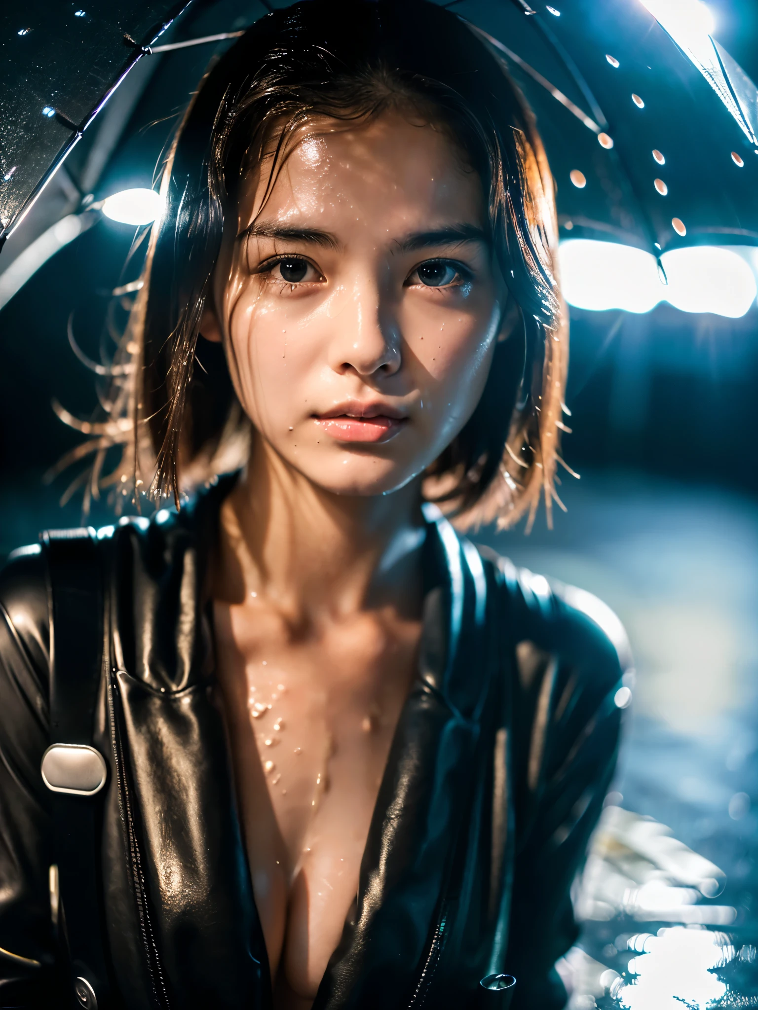 Wet roads ,drenched, Dripping, Wet Face,Wet clothes, Wet Skin, Wet Hair,A young woman with a cute face like a Japanese idol,chest,((Full body portrait)),((Cinema lighting),(Natural light),(High level of artistry),(Artistic),(Quality indistinguishable from real life),RAW Photos,Genuine,Genuine,High resolution,RAW Photos,masterpiece, beautiful