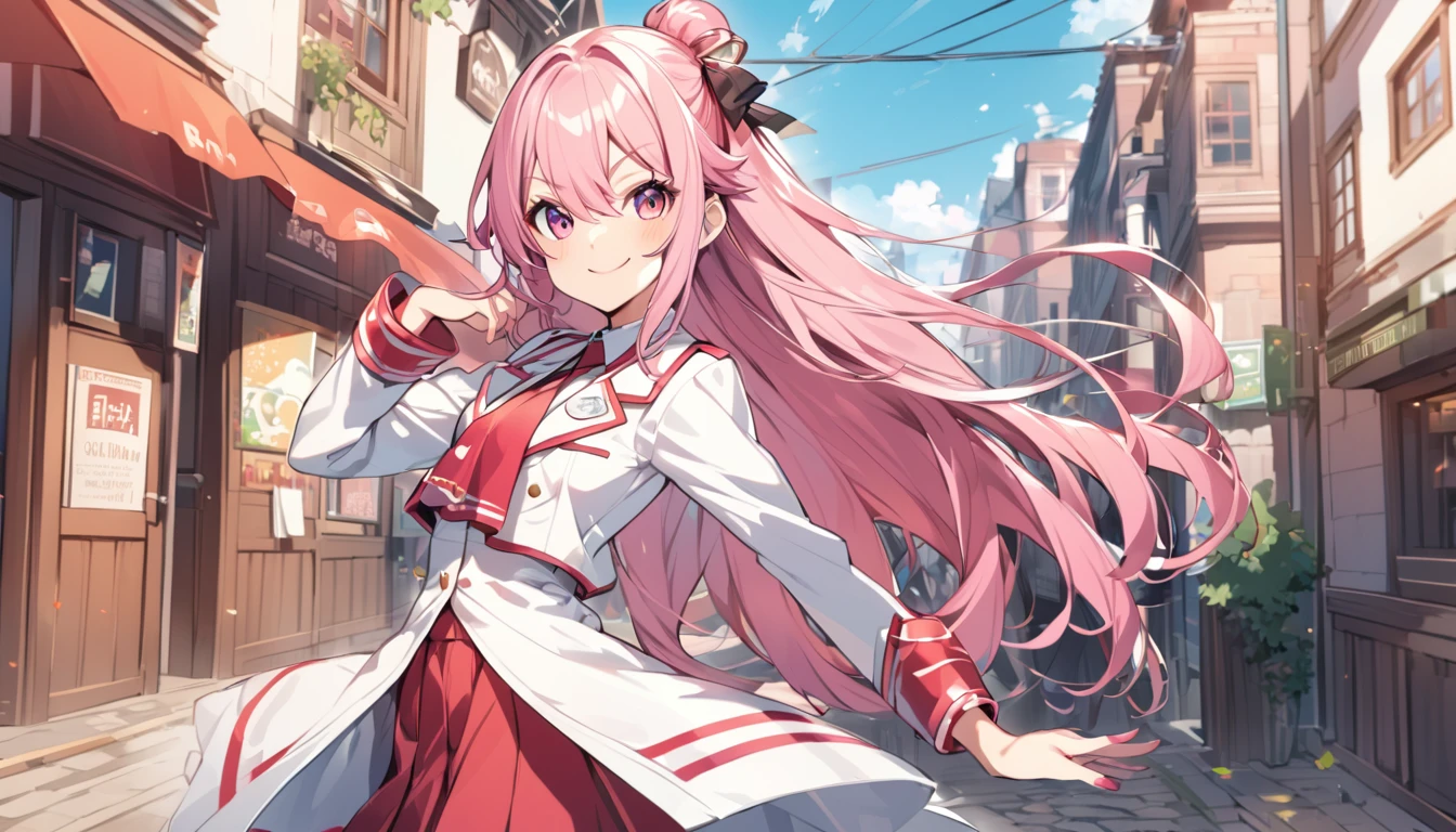 Anime girl in uniform,Long Pink Hair,In town,smile,Strike a Pose