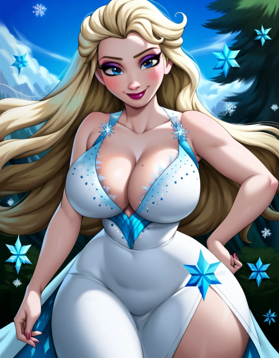 WITHTH YOUR BACK TO THE CAMERA,((ultra quality)), ((masterpiece)), (((best quality, highly detailed ))) highly detailed, score_9, score_8_up, score_7_up, score_6_up,source_Anime,BREAK ASIAN, elsa, 1girl, elsa (frozen), (Beautiful face), (beautiful female lips), solo, blue eyes, blonde hair, long hair, dress, makeup, freckles, smile, lipstick, bare shoulders, snowflakes, white dress, large breasts, half body,looking to the sky, cleavage, s, (beautiful female hands), ((ideal female figure)), ideal female body, beautiful waist, gorgeous thighs, beautiful huge breasts, thick thighs, wide hips, forest, single, solo, smile, closed mouth, half opened eyes, blush, elsa, looking at viewer, cowboy shot
