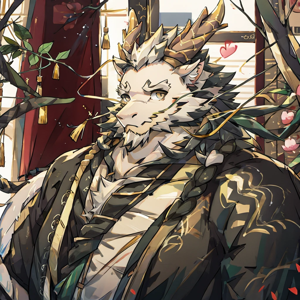 (white eastern dragon),furry,white mustache,big pecs,hearty males,muscular,black imperial robe,adult,traditional_chinese_room,head portrait