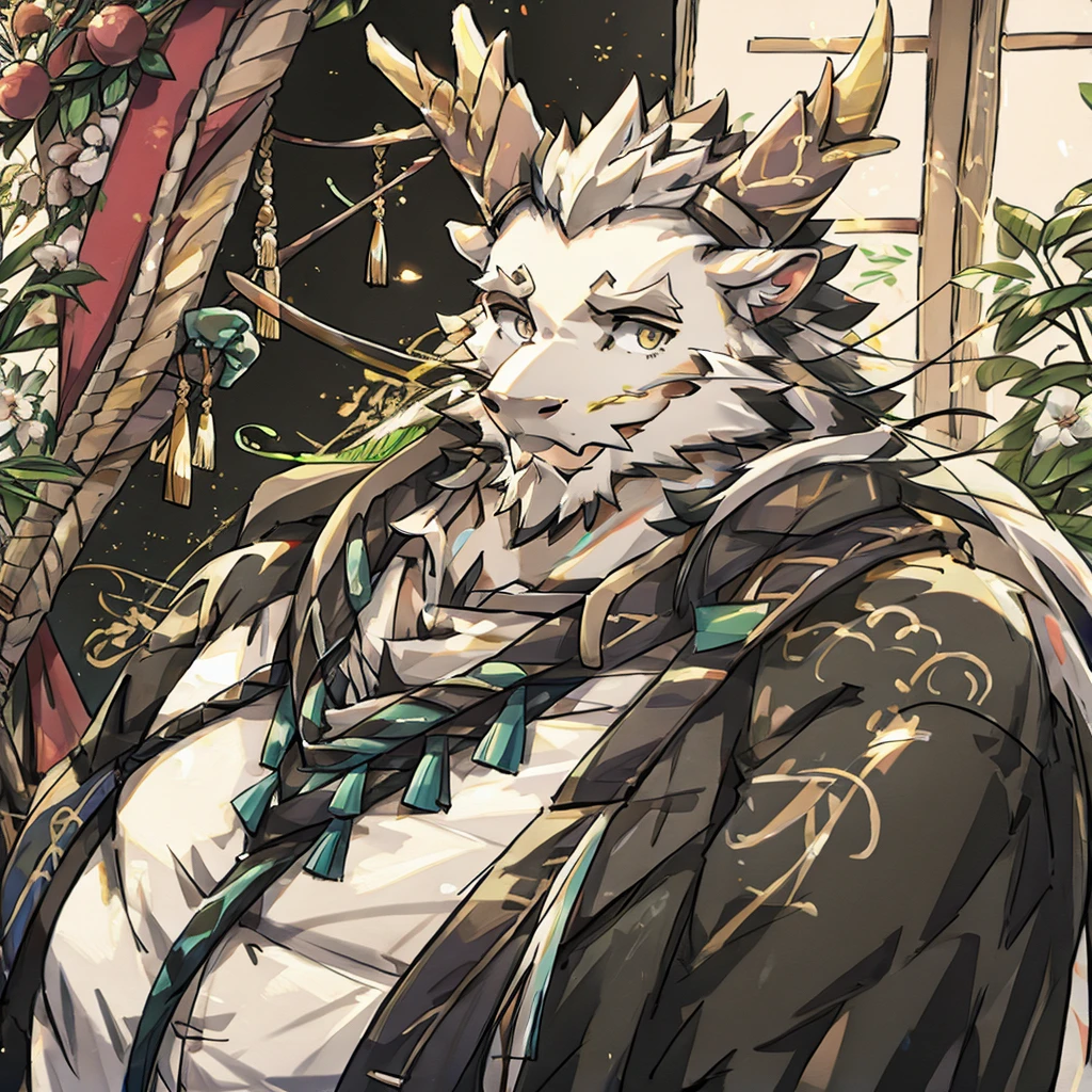 (white eastern dragon),furry,white mustache,big pecs,hearty males,muscular,black imperial robe,adult,traditional_chinese_room，head portrait