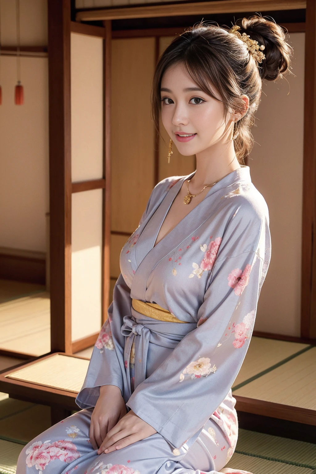 Highest quality,8K, Detailed facial depiction, Detailed description of the eyes,One Woman, Light brown hair(Medium-long hair),Hair tied up,Beautiful Japanese Girl,24-years-old,Cute eyes,Cute Smile,Yukata beauty,Golden floral yukata,Slender body, Large, plump breast size, Long and beautiful legs,Smiling, Colorful earrings,necklace,Are standing,Beautiful nape,Japan tatami room,Feminine gestures,Dry landscape garden,wind chimes