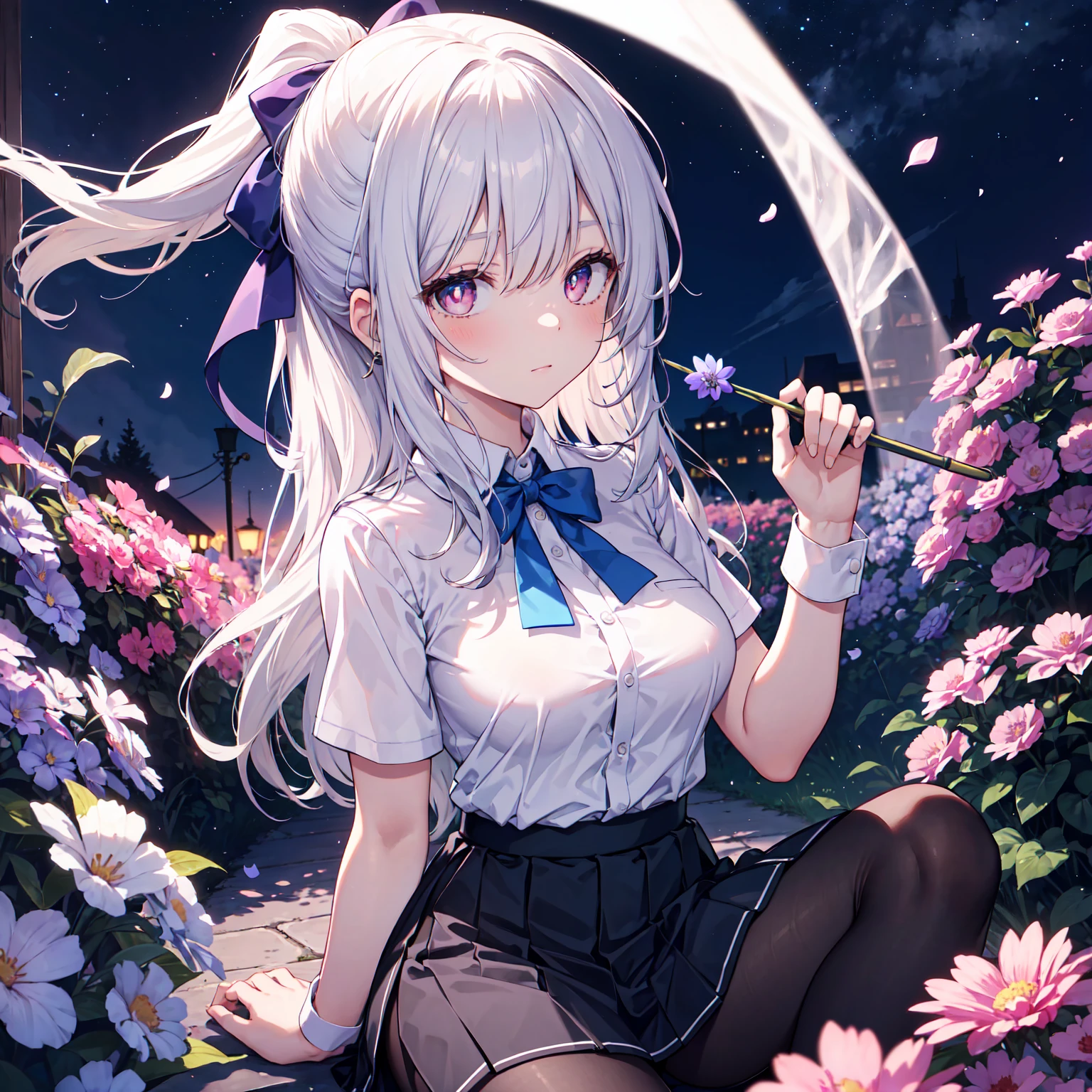 best quality, masterpiece,, illustration, wallpaper,1 girl, alone, Uniforms, White shirt, Black skirt, Light-colored hair, Semi-long hair, Beautiful and meticulous girl, Extremely detailed eyes and face, Beautiful and delicate eyes, Shy, Nature_light, glow,NSFW, clean Sky, looking at the audience, outdoor, night Sky, Star (Sky), Loafers, Black tights, blue bow tie, Straight Hair, Purple petals, purple and blue flowers, red pupils, ponytail, blue ribbon,white hair, Gentle_thigh, Large Breasts, Red eyes,
