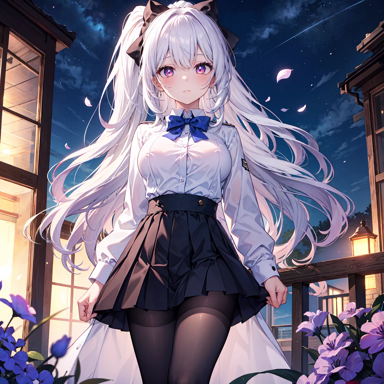 best quality, masterpiece,, illustration, wallpaper,1 girl, alone, Uniforms, White shirt, Black skirt, Light-colored hair, Semi-long hair, Beautiful and meticulous girl, Extremely detailed eyes and face, Beautiful and delicate eyes, Shy, Nature_light, glow,NSFW, clean Sky, looking at the audience, outdoor, night Sky, Star (Sky), Loafers, Black tights, blue bow tie, Straight Hair, Purple petals, purple and blue flowers, red pupils, ponytail, blue ribbon,white hair, Gentle_thigh, Large Breasts, Red eyes,