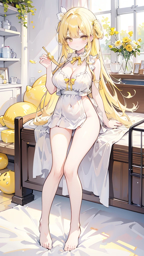 Full body, Yellow eyes, Yellow hair, Cute, Baby face, Big breasts, Honey, Lemon, Bed, Honeymoon