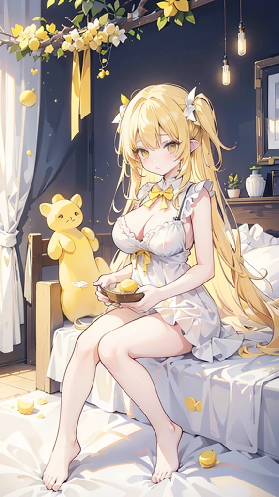 Full body, Yellow eyes, Yellow hair, Cute, Baby face, Big breasts, Honey, Lemon, Bed, Honeymoon