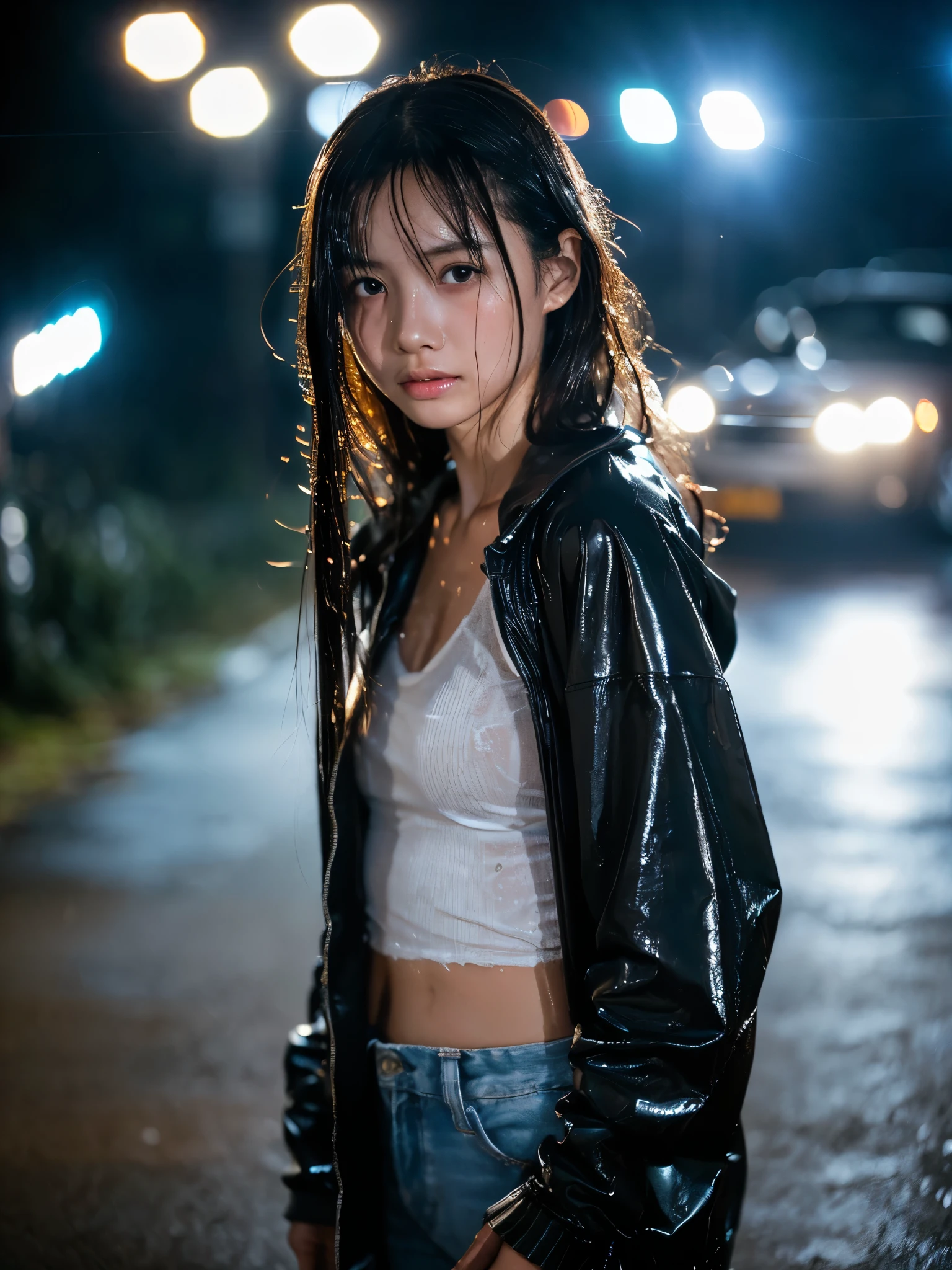 Wet roads ,drenched, Dripping, Wet Face,Wet clothes, Wet Skin, Wet Hair,A young woman with a cute face like a Japanese idol,chest,((Full body portrait)),((Cinema lighting),(Natural light),(High level of artistry),(Artistic),(Quality indistinguishable from real life),RAW Photos,Genuine,Genuine,High resolution,RAW Photos,masterpiece, beautiful