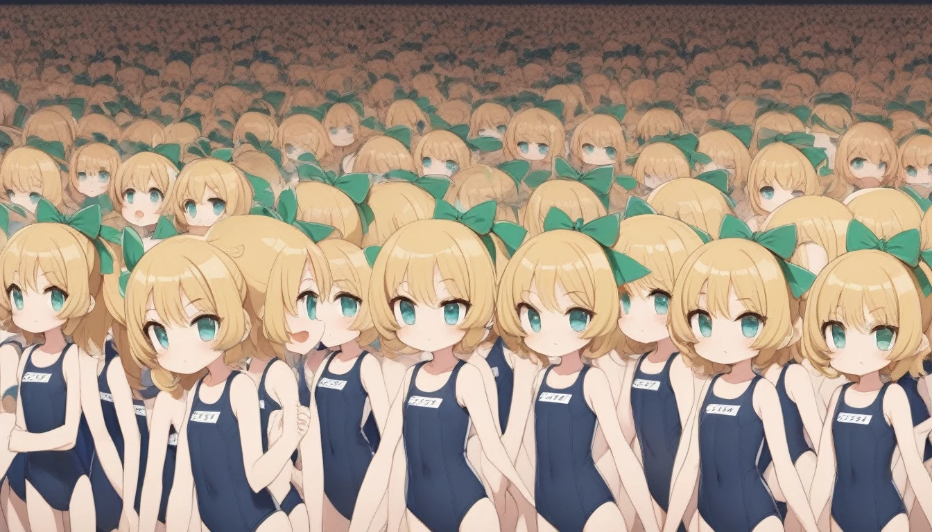 20000+ clone girls, Short stature,flat chest,clone girls,extremely number of clone girls, blond hair, green eyes,roll(mega man classic),swimsuit roll(mega man x dive old design),mega man x dive, high ponytail hair,Sleeveless navy one piece old type school swimsuit with white stripes from armpit to flank,white name tag, navy heeled sandals, green ribbon,human appearance,same height,same appearance, same face,fill the entire image, absolutely everyone, many clone, perfect features,multiple clone girls,same school swimsuit,same hair,official art,girls only,extremely full of extremely crammed,huge crowd,densely packed, masterpiece, best quality,insanely detailed