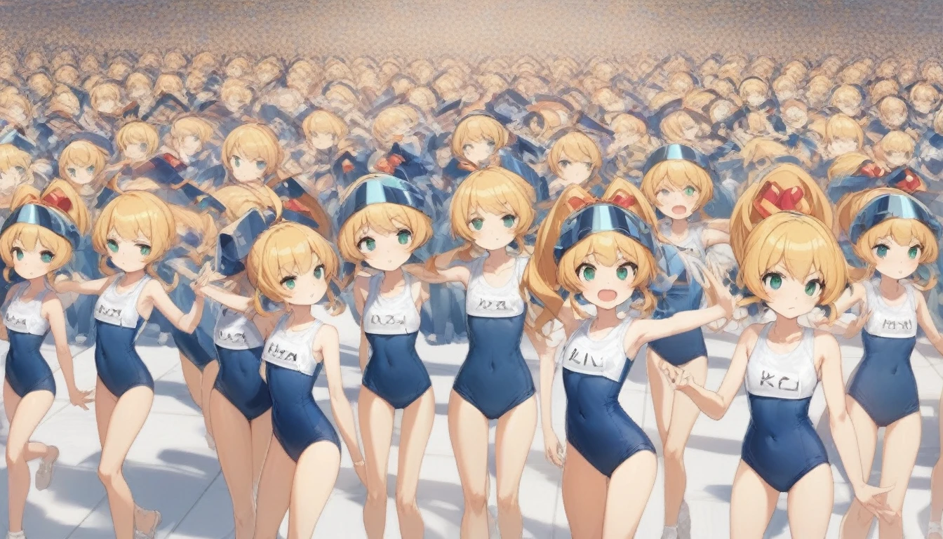 20000+ clone girls, Short stature,flat chest,clone girls,extremely number of clone girls, blond hair, green eyes,roll(mega man classic),swimsuit roll(mega man x dive old design),mega man x dive, high ponytail hair,Sleeveless navy one piece old type school swimsuit with white stripes from armpit to flank,white name tag, navy heeled sandals, green ribbon,human appearance,same height,same appearance, same face,fill the entire image, absolutely everyone, many clone, perfect features,multiple clone girls,same school swimsuit,same hair,official art,girls only,extremely full of extremely crammed,huge crowd,densely packed, masterpiece, best quality,insanely detailed