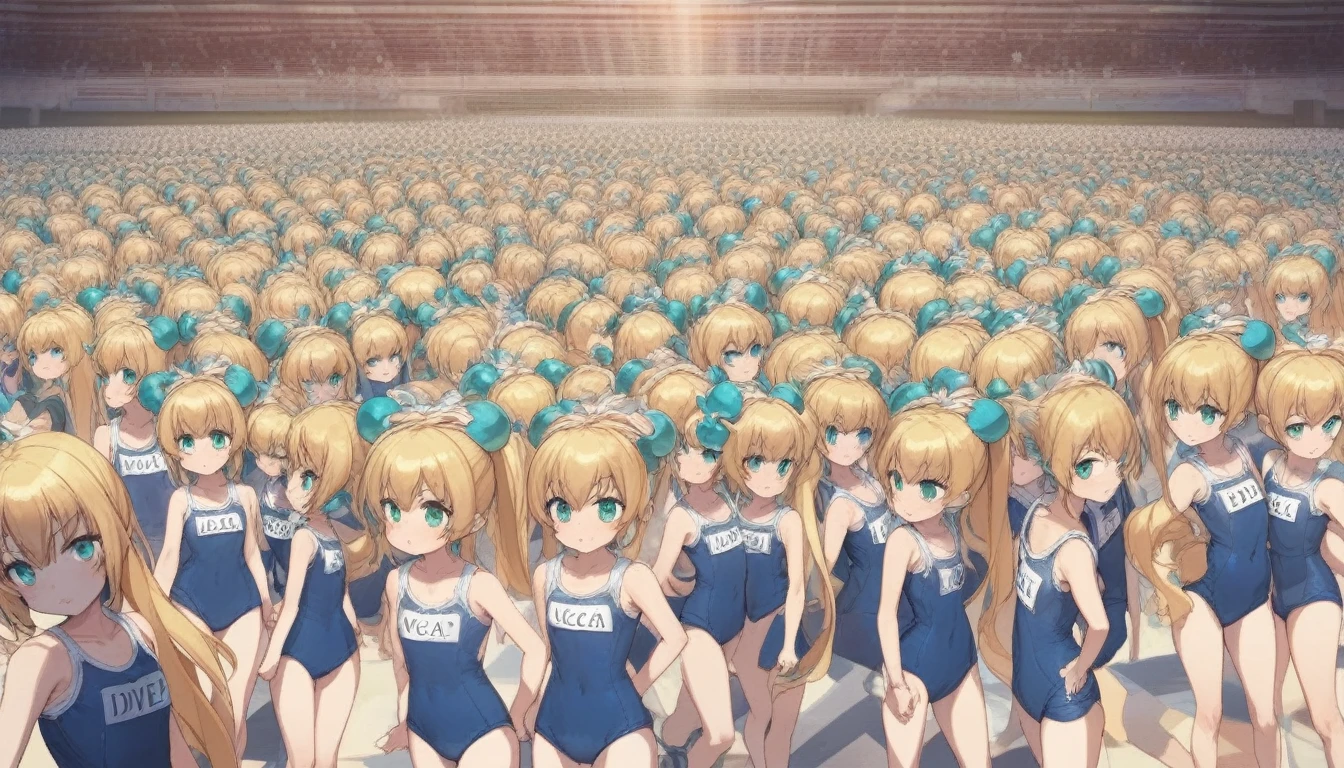 20000+ clone girls, Short stature,flat chest,clone girls,extremely number of clone girls, blond hair, green eyes,roll(mega man classic),swimsuit roll(mega man x dive old design),mega man x dive, high ponytail hair,Sleeveless navy one piece old type school swimsuit with white stripes from armpit to flank,white name tag, navy heeled sandals, green ribbon,human appearance,same height,same appearance, same face,fill the entire image, absolutely everyone, many clone, perfect features,multiple clone girls,same school swimsuit,same hair,official art,girls only,extremely full of extremely crammed,huge crowd,densely packed, masterpiece, best quality,insanely detailed