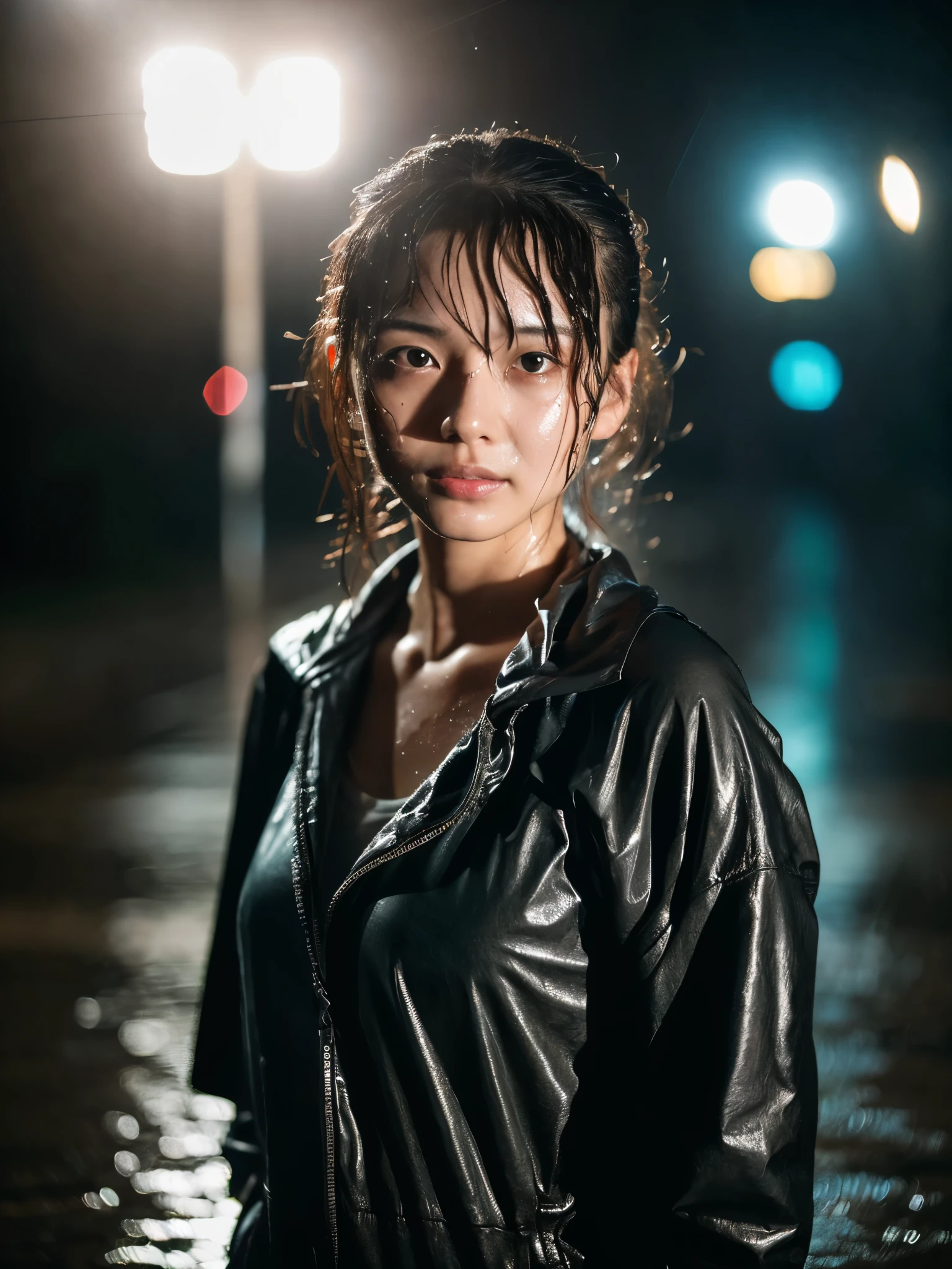 Wet roads ,drenched, Dripping, Wet Face,Wet clothes, Wet Skin, Wet Hair,A young woman with a cute face like a Japanese idol,chest,((Full body portrait)),((Cinema lighting),(Natural light),(High level of artistry),(Artistic),(Quality indistinguishable from real life),RAW Photos,Genuine,Genuine,High resolution,RAW Photos,masterpiece, beautiful
