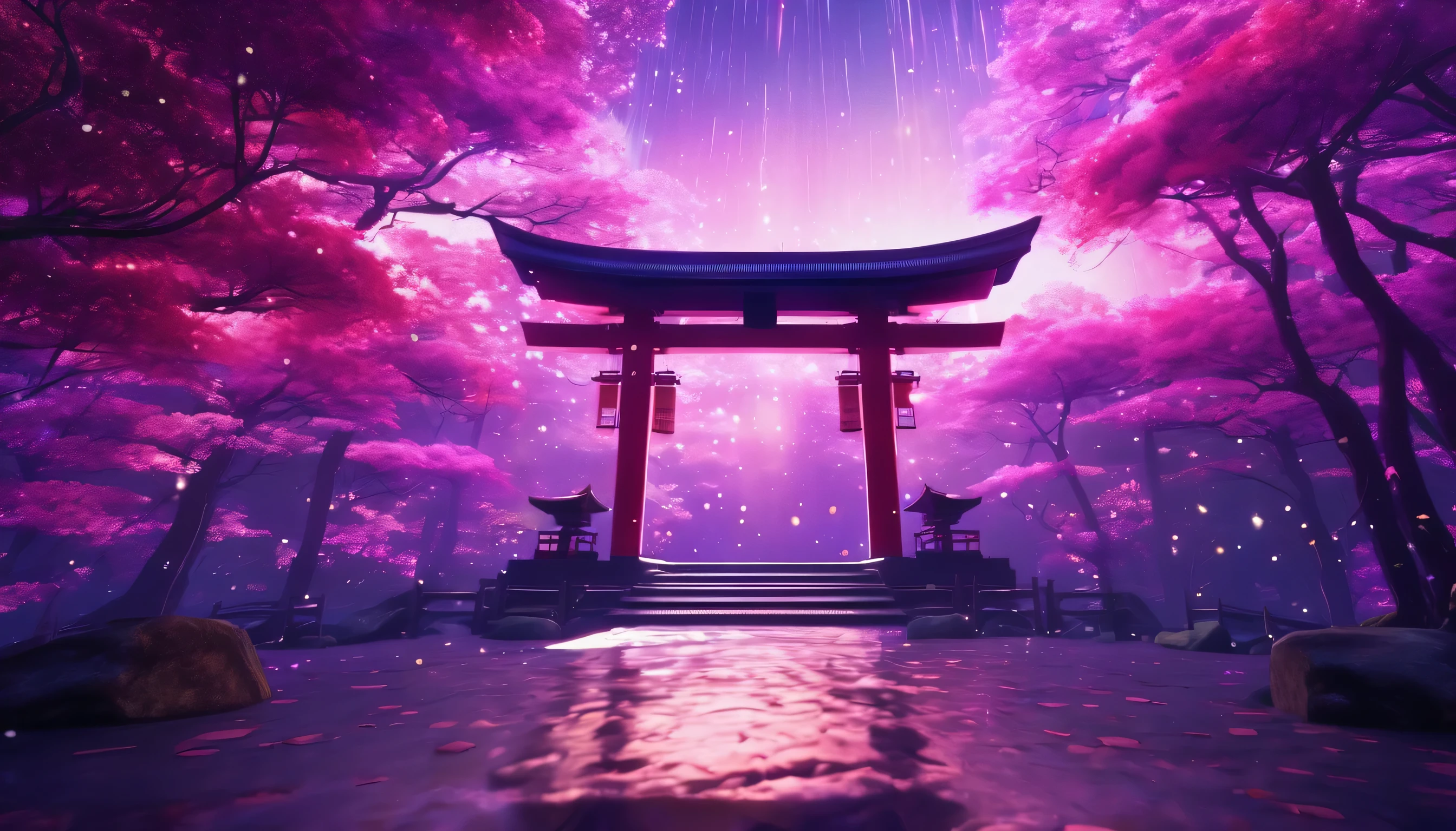 Shrine torii gate、in the center，Very bright color, Particles of light, The light shines, disaster, Wallpaper Art, UHD wallpaper、Background purple、mysterious、Impersonal、