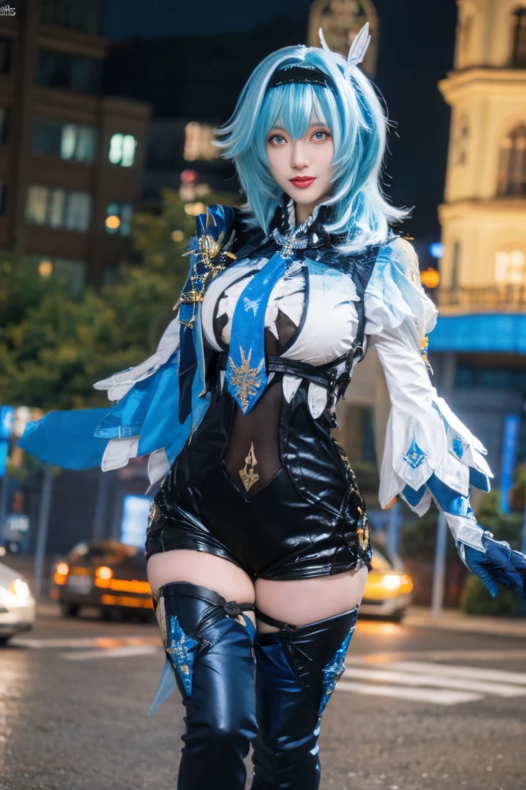  best quality, tmasterpiece,Ultra-high resolution,Clear face,（Reality：1.4），ferpect lighting，(full body photo:1.3), (photorealistic:1.50), anime wallpaper, Guviz style artwork, cover-up fantasy up to magic , by Yang J, Guviz, beautiful artwork illustration, beautiful digital artwork, beautiful digital illustration, Li Song, beautiful anime portrait, art style in Beauvot,1girl, blue hair, short hair, thighhighs, hairband, bangs, symmetry eyes, cityscape, night, Legs, street advertising, detailed face, medium breasts, (looking at viewer:1.2), black kneehighs, (pantyhose:1), smooth chin, (ulzzang-6500:0.75), big eyes, (smile:0.9), (upper body:1.2), closed mouth, close to viewer, game cg, rendering, facing viewer, (photorealistic:1.6), bodysuit, detailed face, (high-waist shorts:1.2),