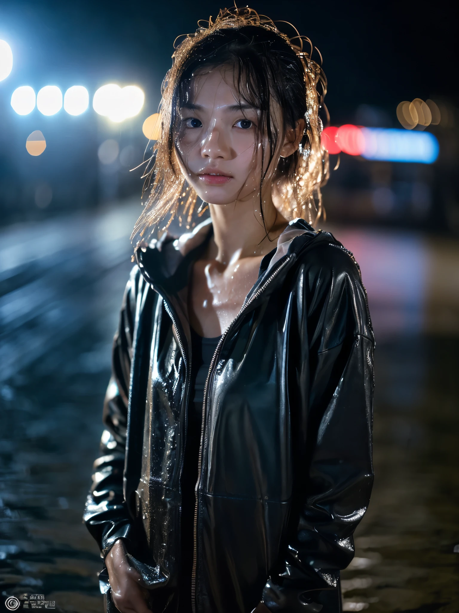 Wet roads ,drenched, Dripping, Wet Face,Wet clothes, Wet Skin, Wet Hair,A young woman with a cute face like a Japanese idol,chest,((Full body portrait)),((Cinema lighting),(Natural light),(High level of artistry),(Artistic),(Quality indistinguishable from real life),RAW Photos,Genuine,Genuine,High resolution,RAW Photos,masterpiece, beautiful