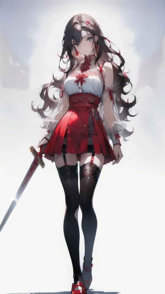 ((masterpiece, best quality)), Delicate face,Sword Princess,red,whole body,Long legs,Large Breasts,Gradient long wavy hair,Perfect body proportions,beautiful eyes,Extremely beautiful,transparent, Pure white background,Erotic_lingerie,Lace,Garter stockings