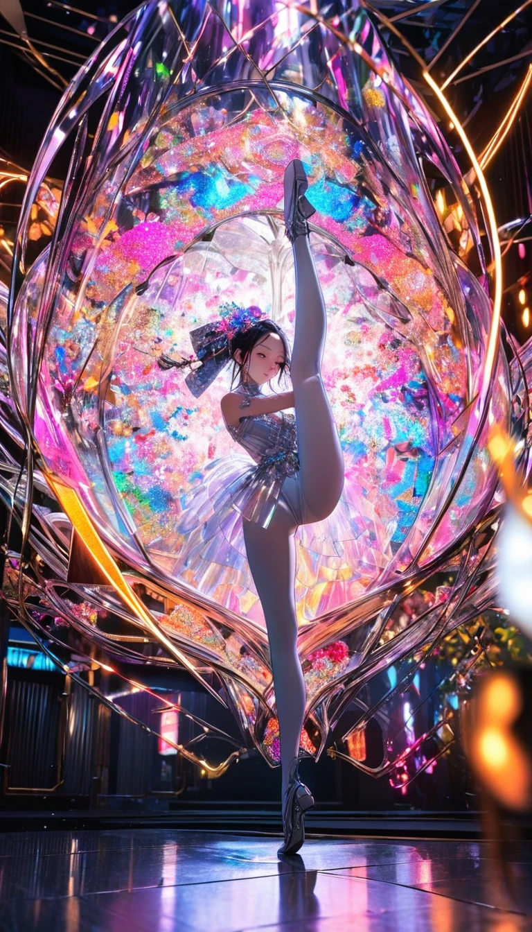 (Highest quality:1.2),One girl,alone,Are standing_Split,whole body, Photo of a Japanese woman in her twenties made of shiny white and silver translucent glass and plastic, Geisha makeup and hairstyle, Silver metal interior, Dynamic pose, Flow organic structure, A sparkling golden circuit, colorful Neon decoration, Light emitting circuit, Neon decoration, Depth of Field Focus F/2.8, H&#39;art.right. liver, Greg rightutowski