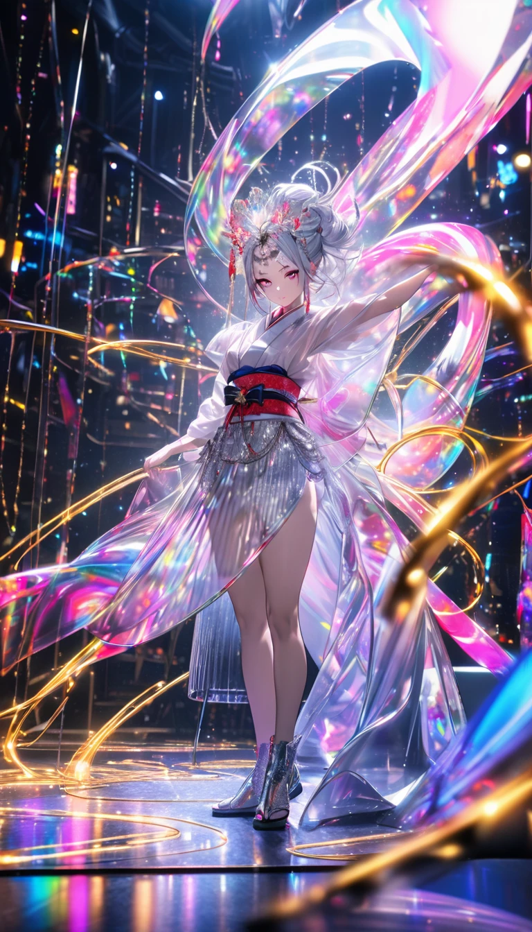 (Highest quality:1.2),One girl,alone,Are standing_Split,whole body, Photo of a Japanese woman in her twenties made of shiny white and silver translucent glass and plastic, Geisha makeup and hairstyle, Silver metal interior, Dynamic pose, Flow organic structure, A sparkling golden circuit, colorful Neon decoration, Light emitting circuit, Neon decoration, Depth of Field Focus F/2.8, H&#39;art.right. liver, Greg rightutowski