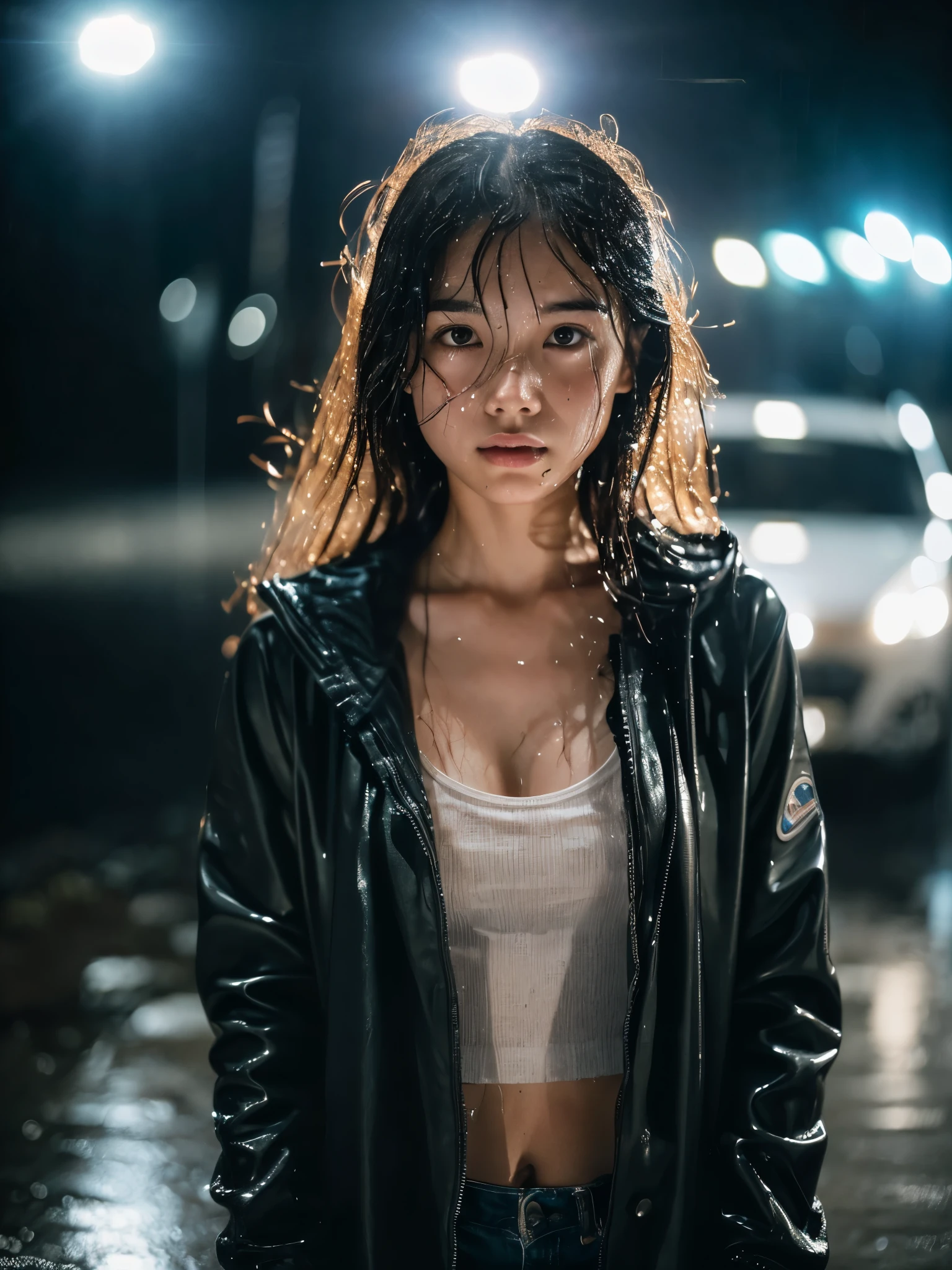 Wet roads ,drenched, Dripping, Wet Face,Wet clothes, Wet Skin, Wet Hair,A young woman with a cute face like a Japanese idol,chest,((Full body portrait)),((Cinema lighting),(Natural light),(High level of artistry),(Artistic),(Quality indistinguishable from real life),RAW Photos,Genuine,Genuine,High resolution,RAW Photos,masterpiece, beautiful