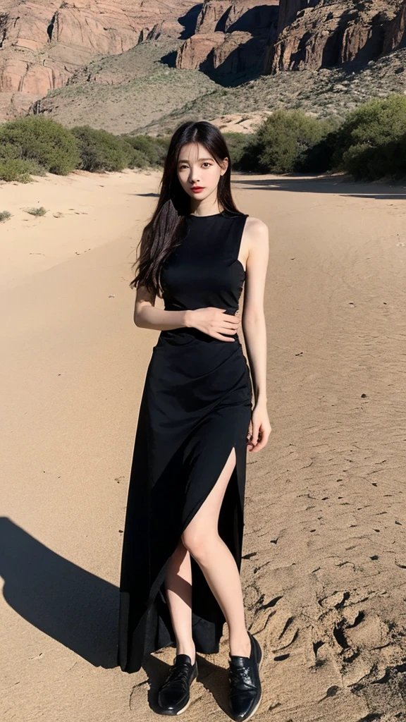 8K, RAW Photos, high quality, Realistic, Full body photo, bent at the waist, 1 Girl, Landscape, Highly detailed face, Black Veil, In the desert