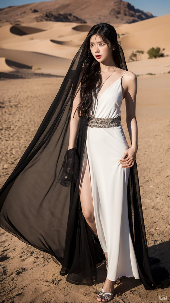8K, RAW photo, high quality, realistic, full body photo, 1 girl, sideways, super detailed face, black veil, in the desert
