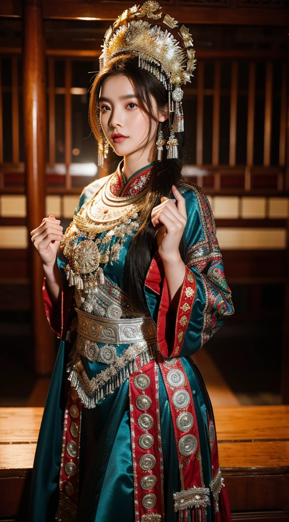 (8k, RAW Photo, Best Quality, Masterpiece: 1.2), (Realistic, Realistic: 1.37), 1 Girl, Arapei Woman Posing for Photo in Colorful Dress and Headdress, Gorgeous Role Play, Beautiful Costume, Intricate Fantasy Dress, Beautiful Fantasy Queen, Chinese Dress, Complex Dress, Complex Costume, Traditional Beauty, Gorgeous Chinese Model, Chinese Costume, Inspired by Lanying, Wearing Gorgeous Costume, Inspired by Puhua, Wearing Elegant Chinese Xiuhe Dress