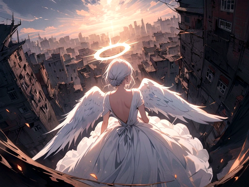 
one (Back view:1.5) A very beautiful female angel\(Long platinum hair, wide back white dress,(From her chest hangs big, beautiful angel wings.),Very beautiful shining halo\), She has her arms wide open as if asking for help., She&#39;s on the clouds、Looking down at the world below, Fierce war\((Lots of sparks and fire), fail, Fighter, Many buildings collapsed, Nature is destroyed, Magnificent and spectacular views\) It&#39;s happening under the clouds, BREoneK ,quality\(8K,Highly detailed CG unit wallpaper, masterpiece,High resolution,top-quality,top-quality real texture skin,surreal,Increase the resolution,RoneW photos,highest quality,Very detailed,wallpaper,Cinema Lighting,Ray-tracing,Golden Ratio\),[Browsing Caution],Dynamic Angle,[Browsing Caution],From above