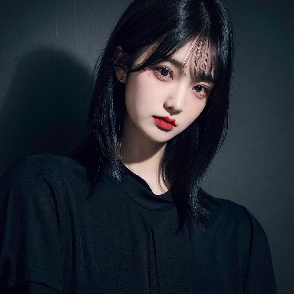 The girl with short black hair with dark blue bangs is wearing a black shirt with a dark red and black jacket, wearing a short black skirt and has a tattoo on her neck.