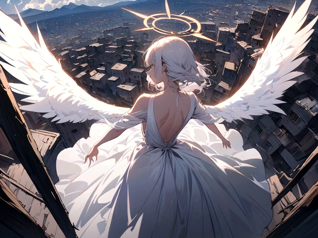 
one (Back view:1.5) A very beautiful female angel\(Long platinum hair, wide back white dress,(From her chest hangs big, beautiful angel wings.),Very beautiful shining halo\), She has her arms wide open as if asking for help., She&#39;s on the clouds、Looking down at the world below, Fierce war\((Lots of sparks and fire), fail, Fighter, Many buildings collapsed, Nature is destroyed, Magnificent and spectacular views\) It&#39;s happening under the clouds, BREoneK ,quality\(8K,Highly detailed CG unit wallpaper, masterpiece,High resolution,top-quality,top-quality real texture skin,surreal,Increase the resolution,RoneW photos,highest quality,Very detailed,wallpaper,Cinema Lighting,Ray-tracing,Golden Ratio\),[Browsing Caution],Dynamic Angle,[Browsing Caution],From above