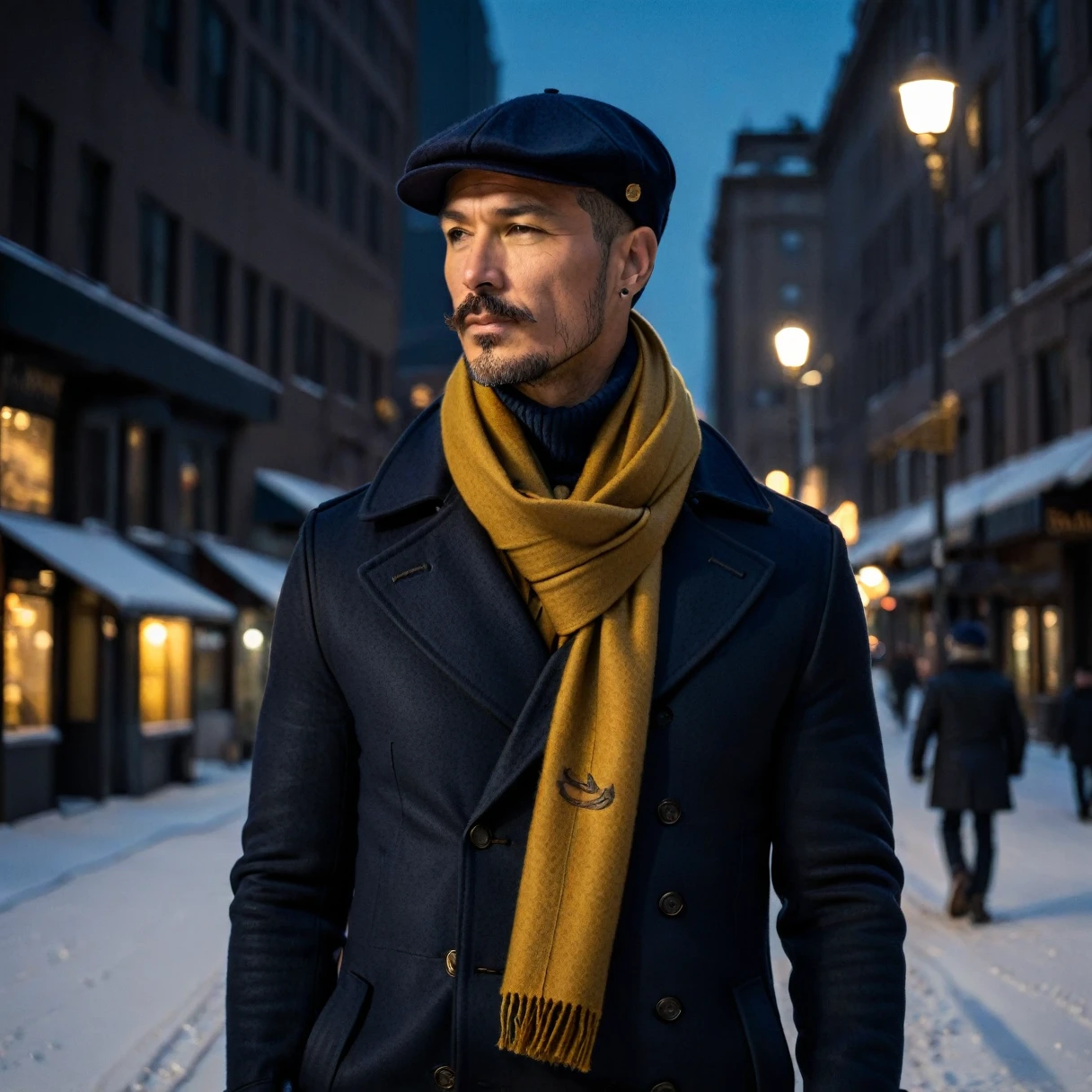 photorealistic, cinematic, raw photo, low angle shot, man, mature, dark brown hair, side part hairstyle with shaved sides, thin mustache, tattoos on head, wearing navy blue flat cap, dark brown peacoat, mustard yellow wool scarf, mustartd yellow leather glvoes, walking on streets of city , winter, snowy, evening