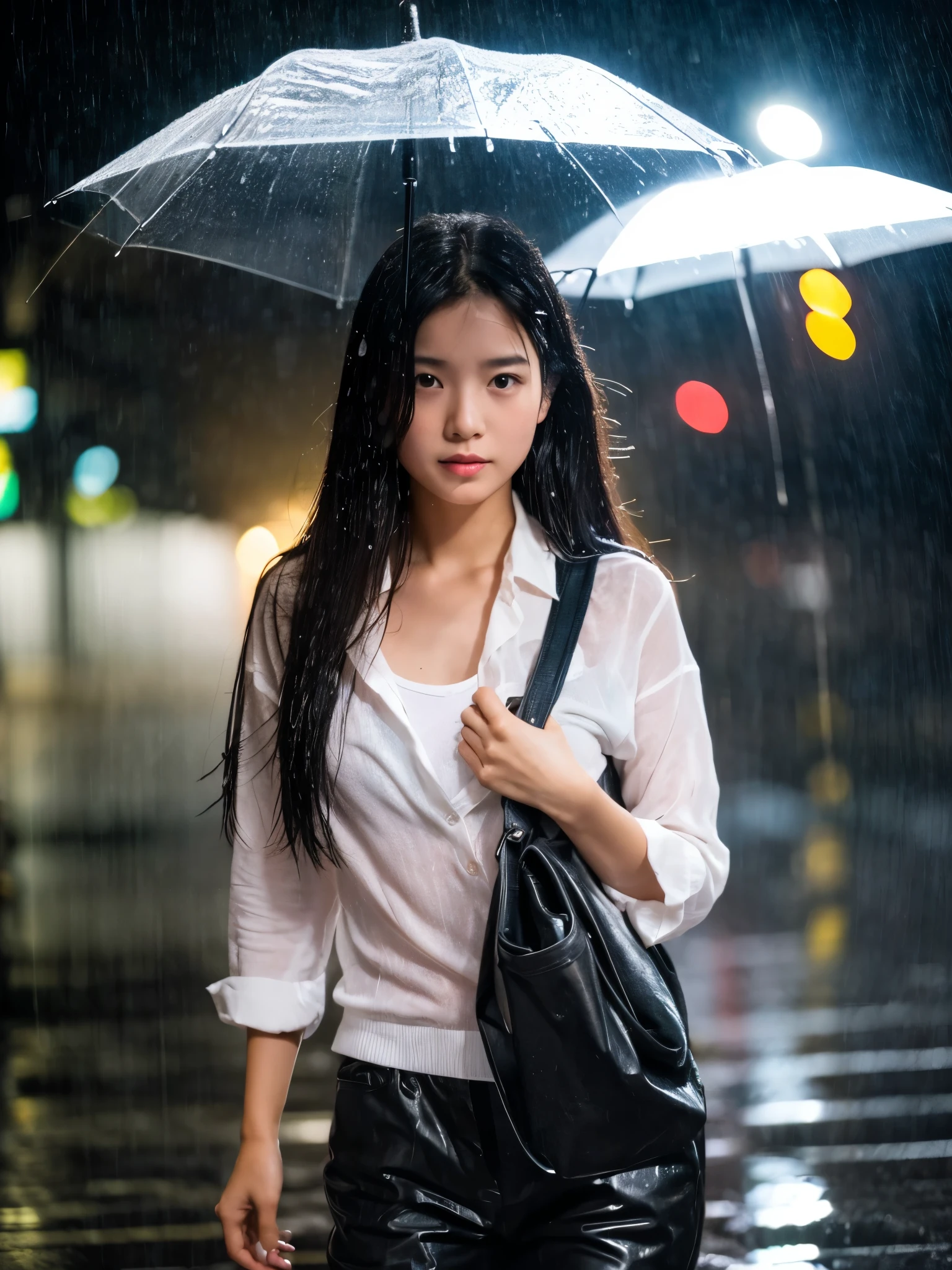 Sidewalks in big cities lined with buildings,Wet roads ,Many business people are heading home,drenched, Dripping, Wet Face,Wet clothes, Wet Skin, Wet Hair,A young woman with a cute face like a Japanese idol,(chest),((Full body portrait)),((Cinema lighting),(Natural light),(High level of artistry),(Artistic),(Quality indistinguishable from real life),RAW Photos,Genuine,Genuine,High resolution,RAW Photos,masterpiece, beautiful