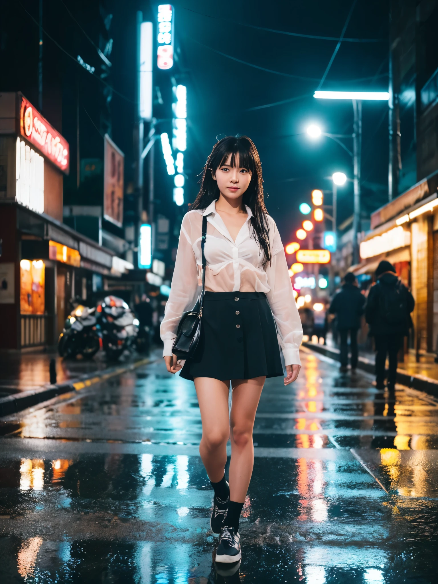 Sidewalks in big cities lined with buildings,Wet roads ,Many business people are heading home,drenched, Dripping, Wet Face,Wet clothes, Wet Skin, Wet Hair,A young woman with a cute face like a Japanese idol,(chest),((Full body portrait)),((Cinema lighting),(Natural light),(High level of artistry),(Artistic),(Quality indistinguishable from real life),RAW Photos,Genuine,Genuine,High resolution,RAW Photos,masterpiece, beautiful