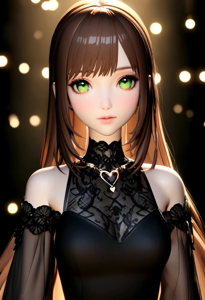 a 3d rendered portrait of a brunette woman with long brown hair and green eyes, dressed in a black dress with sheer sleeves and a heart-shaped necklace. she is standing in front of a forest backdrop, with a string of lights hanging in the background. the lighting in the scene is soft and diffused, casting a warm glow on the woman's face and shoulders.