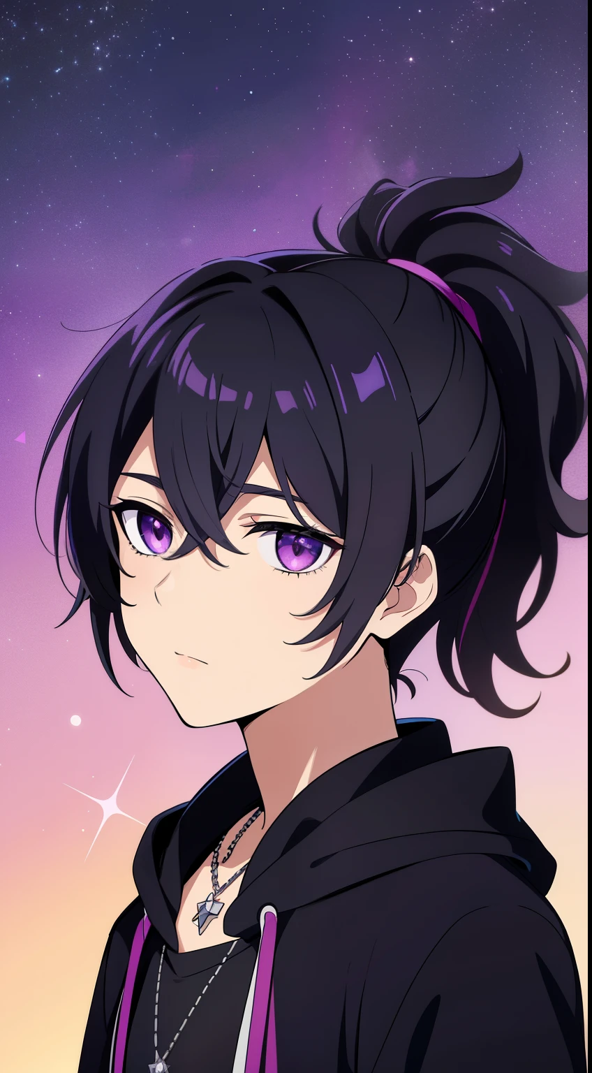 (high-quality, breathtaking),(expressive eyes, perfect face) 1male, male , solo, 10yrs old, short hair length, wavy curly hair, messy hair, black hair color, multicolored hair, deep purple eye color, music, mature, haunting twilight background, slightly narrow eyes, hooded jacket, dark purple blue shirt, modern attire, VFlower Vocaloid Male Version, silver star necklace, detailed eyes, portrait, headshot, short height, childlike face, cute ponytail
