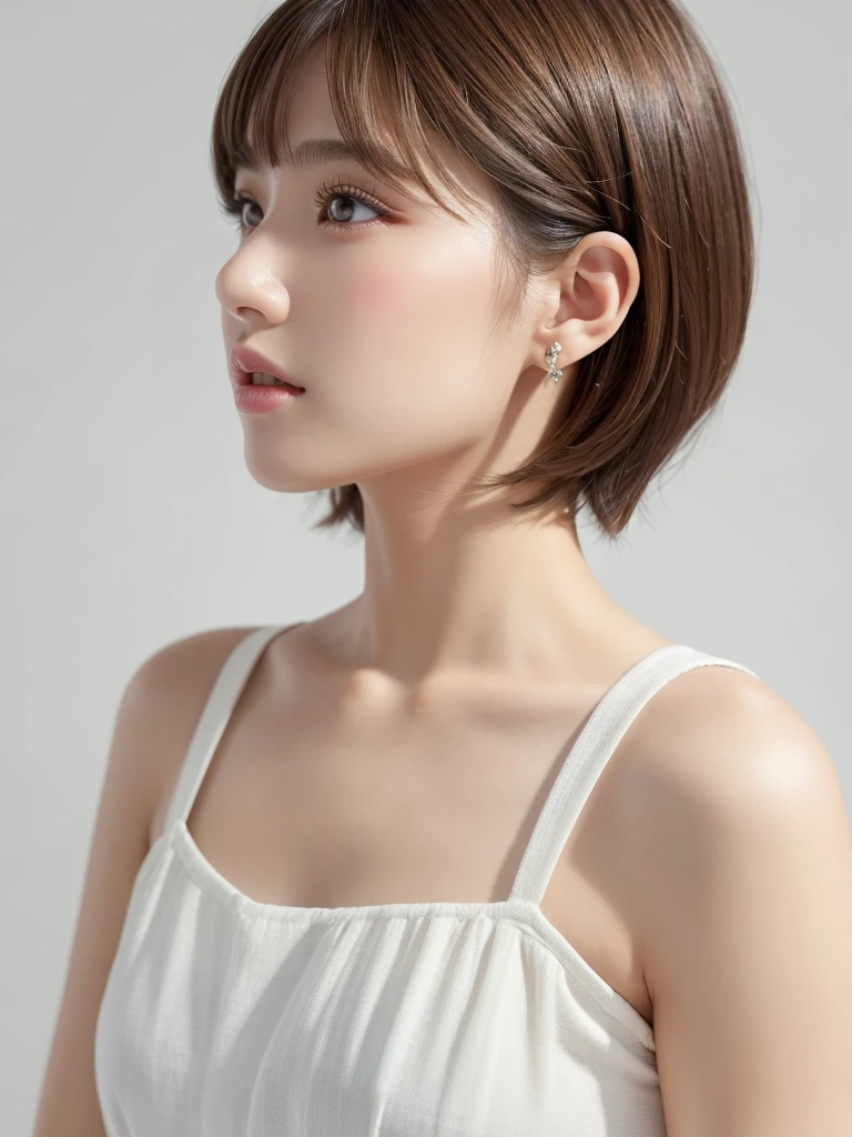 1 Girl, (masterpiece:1.3), (4K, born, Sharp focus, delicate, Beautiful composition, 最high quality,) (Realistic:1.4), high quality, Very detailed,((profile:1.3))、big ears、(Realistic skin), (Intricate details), (Latex Surface:0.4), (Fine skin:1.Perfect glowing skin:0.6), (Beautiful Eyes), Round eyes, Beautiful Face,)、(White casual summer clothes:1.2)、(The simplest pure white background:1.3)、(Portrait with space:1.3)、((short hair:1.1))、Sparkling Eyes,Realistic skin hydration,Twenty year old girl, Brown Hair,Realistic skin texture,Realistic lighting、Big Natural Color Lip、Lip gloss,Harajuku、cute、