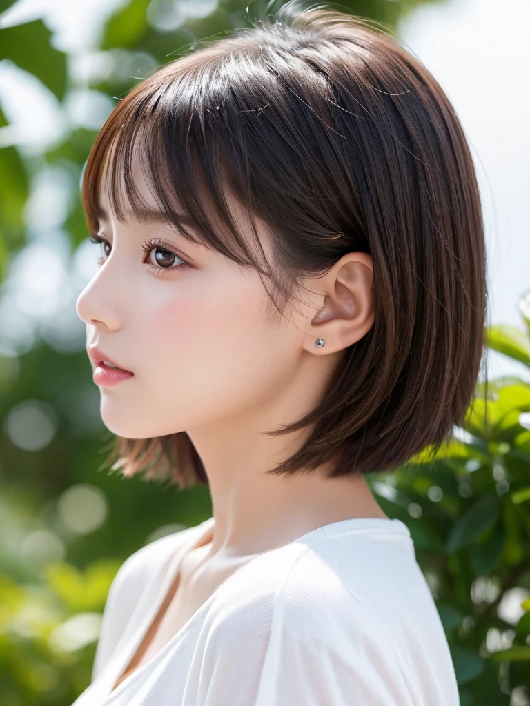 1 Girl, (masterpiece:1.3), (4K, born, Sharp focus, delicate, Beautiful composition, 最high quality,) (Realistic:1.4), high quality, Very detailed,((profile:1.3))、big ears、(Realistic skin), (Intricate details), (Latex Surface:0.4), (Fine skin:1.Perfect glowing skin:0.6), (Beautiful Eyes), Round eyes, Beautiful Face,)、(White casual summer clothes:1.2)、(The simplest pure white background:1.3)、(Portrait with space:1.3)、((short hair:1.1))、Sparkling Eyes,Realistic skin hydration,Twenty year old girl, Brown Hair,Realistic skin texture,Realistic lighting、Big Natural Color Lip、Lip gloss,Harajuku、cute、