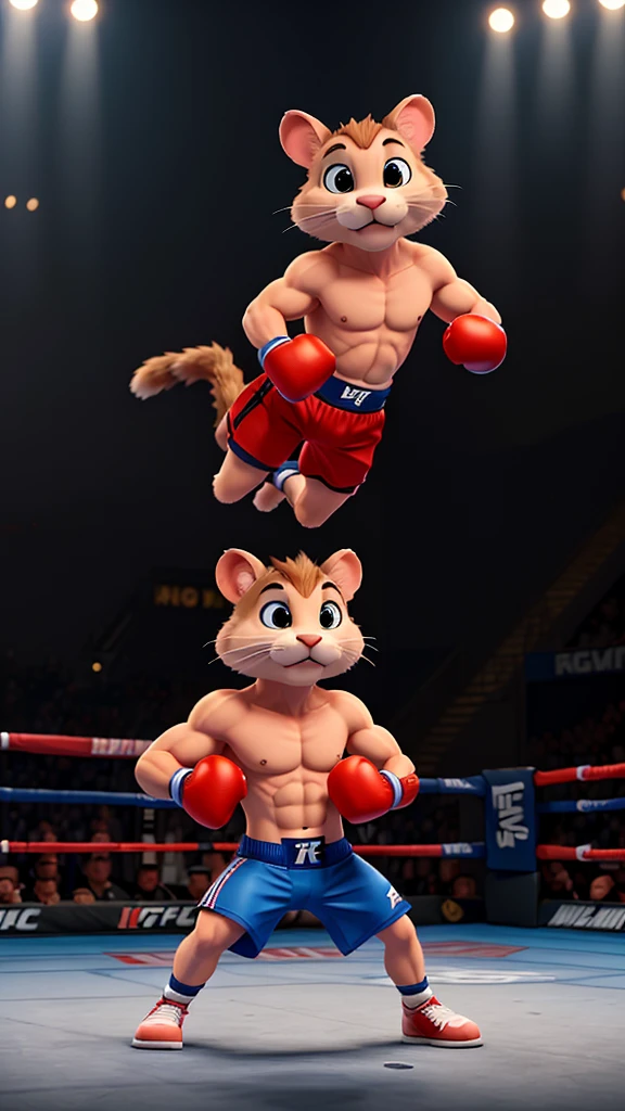 A muscular rat wearing boxing gloves in a flghting stance. Facing off against a white cat wearing a UFC outfit and also in a flghting stance. The rat is determined. the cat is focused .The background is a boxing ring with a crowd of spectators. The art style is a mix of realism and cartoon.