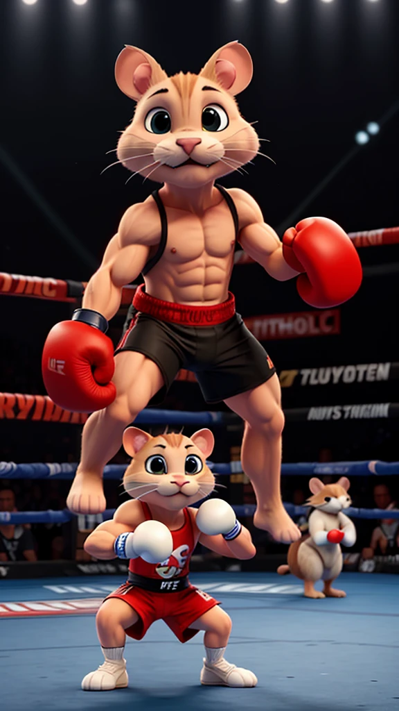 A muscular rat wearing boxing gloves in a flghting stance. Facing off against a white cat wearing a UFC outfit and also in a flghting stance. The rat is determined. the cat is focused .The background is a boxing ring with a crowd of spectators. The art style is a mix of realism and cartoon.