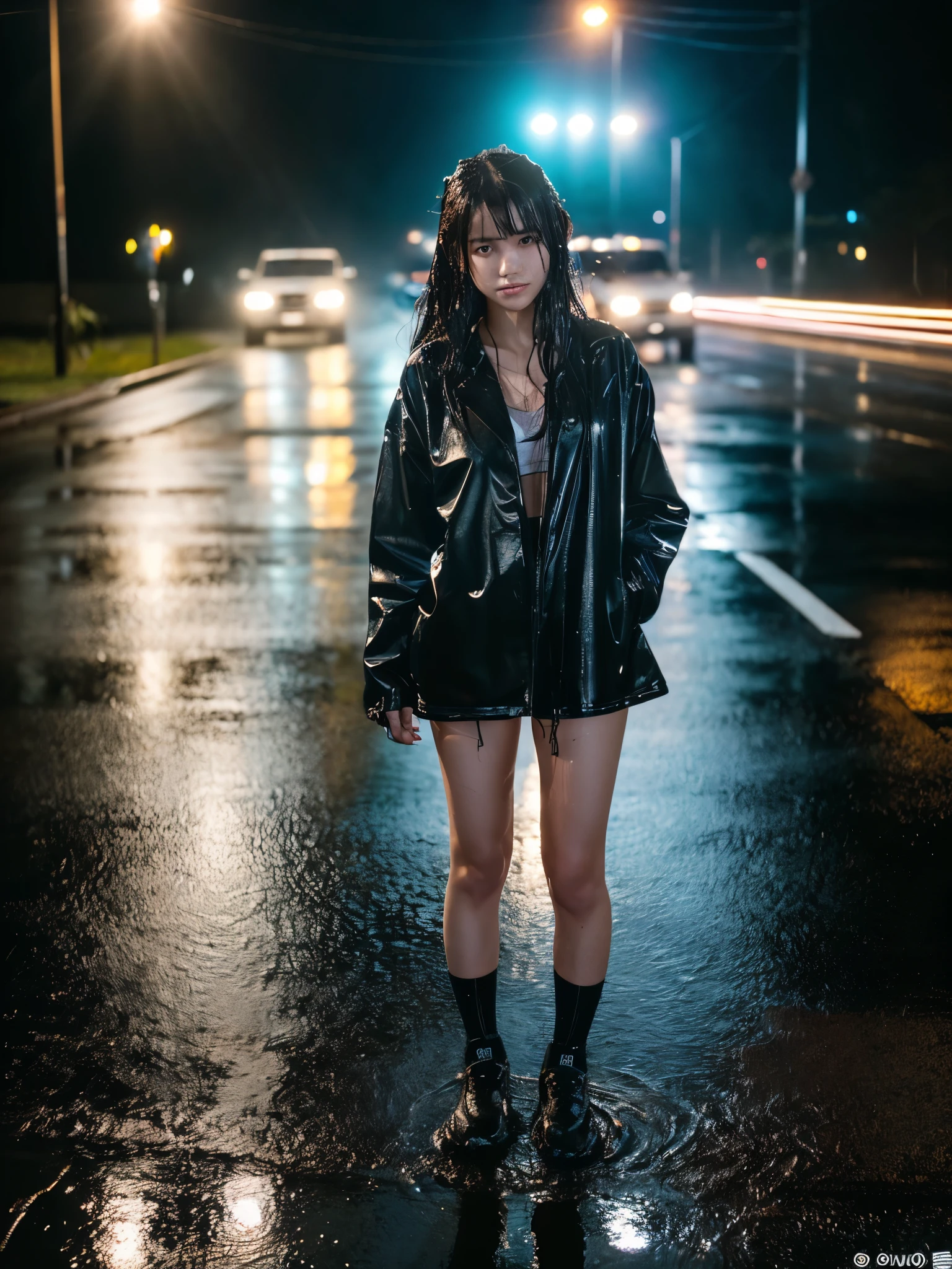 Wet roads ,drenched, Dripping, Wet Face,Wet clothes, Wet Skin, Wet Hair,A young woman with a cute face like a Japanese idol,chest,((Full body portrait)),((Cinema lighting),(Natural light),(High level of artistry),(Artistic),(Quality indistinguishable from real life),RAW Photos,Genuine,Genuine,High resolution,RAW Photos,masterpiece, beautiful