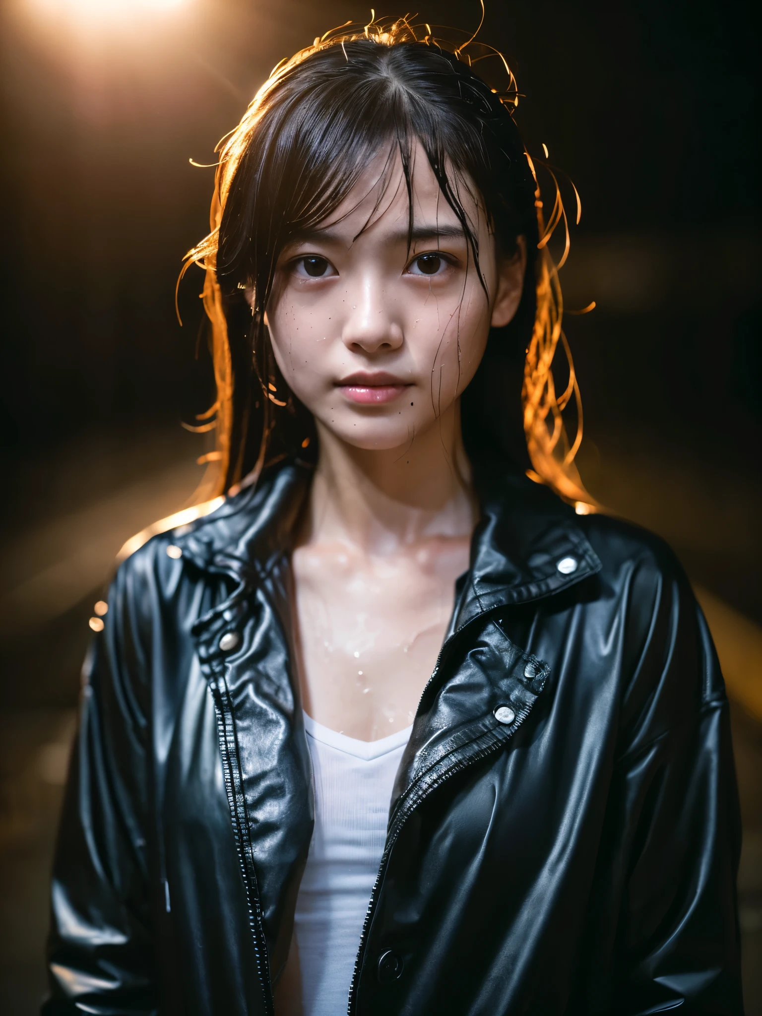 Wet roads ,drenched, Dripping, Wet Face,Wet clothes, Wet Skin, Wet Hair,A young woman with a cute face like a Japanese idol,chest,((Full body portrait)),((Cinema lighting),(Natural light),(High level of artistry),(Artistic),(Quality indistinguishable from real life),RAW Photos,Genuine,Genuine,High resolution,RAW Photos,masterpiece, beautiful