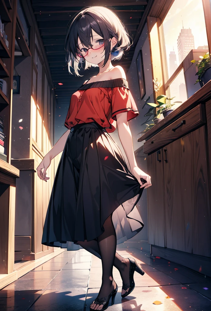 Tomino Asada, Shino Asada, (iris:1.5), Black Hair, Hair between the eyes, Hair Ribbon, short hair, Side Lock, Glasses, (Small breasts:1.2),happy smile, smile, Open your mouth,blush,Oversized one-shoulder sweater,Short sleeve,Long skirt,Black Pantyhose,Stiletto heels,walking,whole bodyがイラストに入るように,Daytime,sunny,
break looking at viewer,whole body,
break outdoors, construction area,
break (masterpiece:1.2), Highest quality, High resolution, unity 8k wallpaper, (shape:0.8), (Beautiful attention to detail:1.6), Highly detailed face, Perfect lighting, Extremely detailed CG, (Perfect hands, Perfect Anatomy),