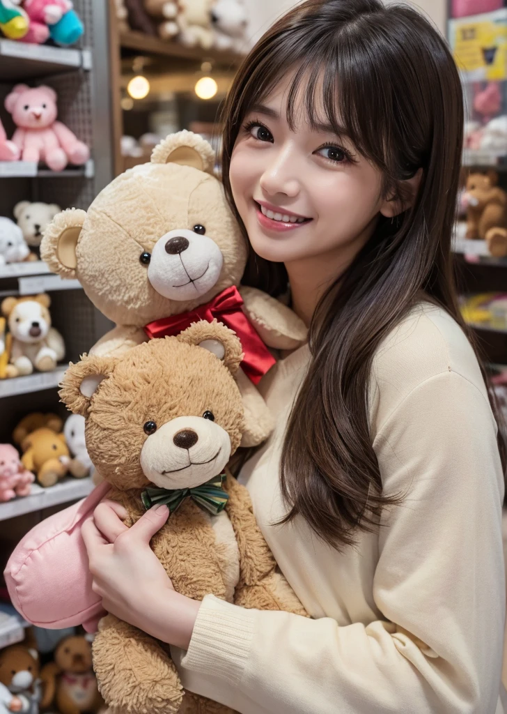 （Realistic, photo-Realistic:1.37),(8K, RAW Photos, Highest quality, masterpiece:1.2), cute, Ultra-detailed, 超High resolution, Kodak Vision Color, Filmed with an Arricam LT camera,Highest quality, Lively, 8K, High resolution, 1 girl, Escape, (Professional Lighting), (Portraiture:0.6), Black Hair, (Medium Hair）,21 years old、slender、Toy store、Surrounded by lots of stuffed toys、There are lots of stuffed toys around、Teddy bear、teddy bear、Hug the stuffed animal、Pastel color wallpaper、Long Hair, Modern photography, wear (bear costume), (Portraiture), cutebear costumeに身をつけて, Super soft light brown plush fabric, debtわdebtわフード, cuteクマの頭巾, (35mm, debt/2.8) Photo , Aperture, Highly detailed and exquisite, character, Hypermaximalist, beautiful, reveal, Charm, Charm, Affectionate, Ultra-realistic, Very detailed, beautiful woman, ((Fine grain)), Long eyelashes, (Glossy Lips),  laugh、
