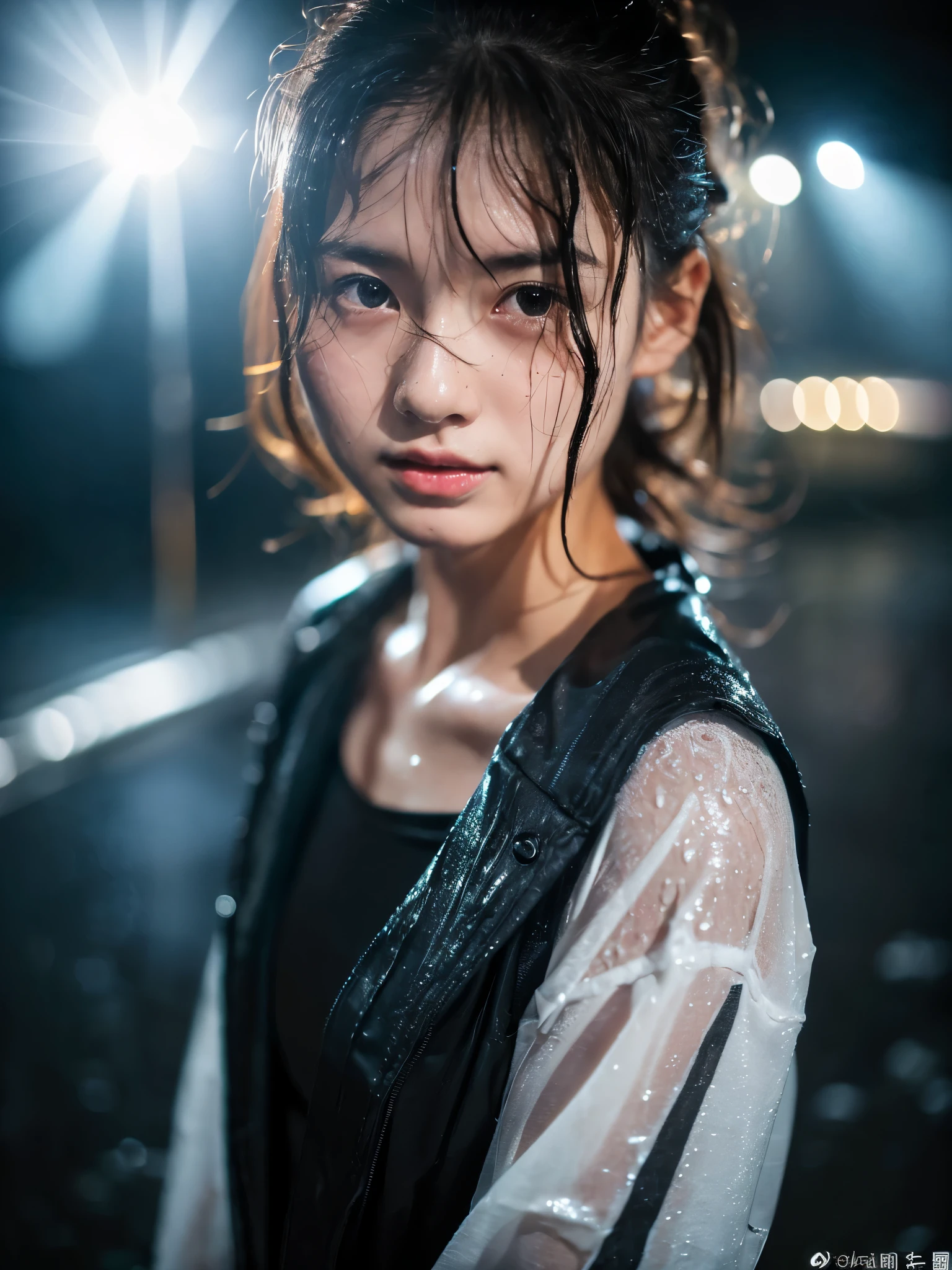 Wet roads ,drenched, Dripping, Wet Face,Wet clothes, Wet Skin, Wet Hair,A young woman with a cute face like a Japanese idol,chest,((Full body portrait)),((Cinema lighting),(Natural light),(High level of artistry),(Artistic),(Quality indistinguishable from real life),RAW Photos,Genuine,Genuine,High resolution,RAW Photos,masterpiece, beautiful