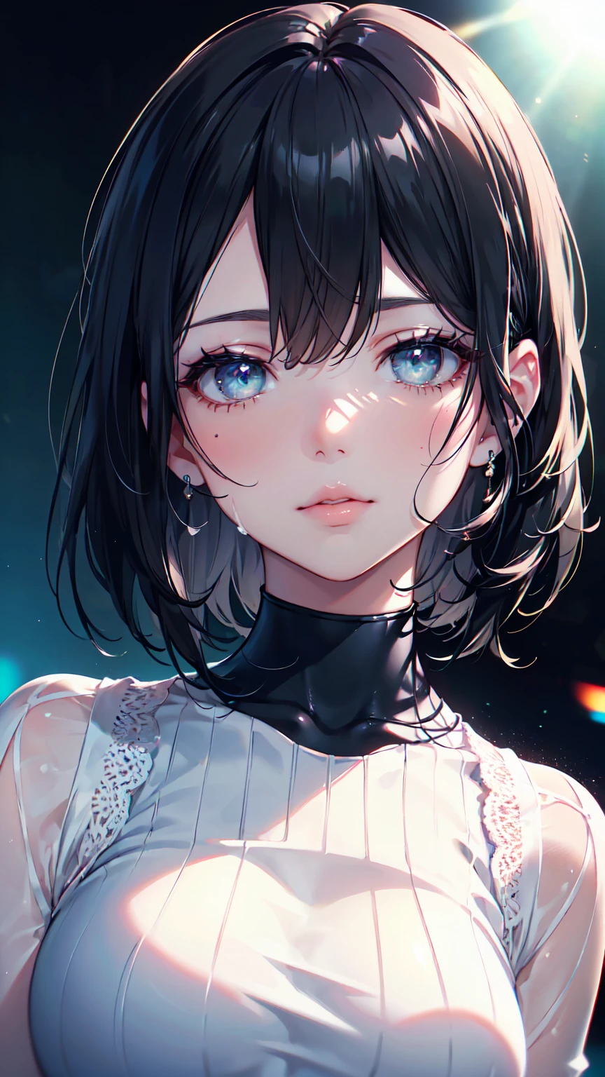 8K, original photo, Realistic: 1.25), (Lip Gloss, eyelash, shiny face, shiny skin, best quality, Ultra-high resolution, Depth of Field, Chromatic Aberration, Caustics, Moisturize lips, super trimmed face, Radiant and delicate eyes, black hair, Mid-length model, fashionable, bodycon knitted dress, purely